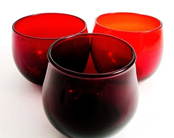 3 Ruby Red Roly Poly Cocktail Glass -3 Ounce Liquid Mismatched Anchor Hocking 30s to 60s