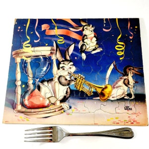 50s Bill Layne Disney Artist Puzzle With New Year Bunnies 35 Piece Mid Century