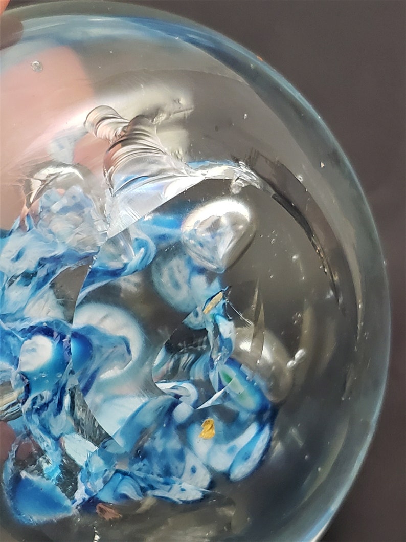 Glass Paperweight With Blue White Ribbon Controlled Bubbles Etsy