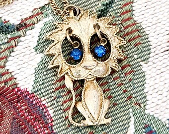 Quirky Lion Pendant Necklace, Hanging Blue Rhinestone Eyes, Gold Tone Vintage 60s to 70s, Kitschy