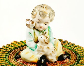 Porcelain Little Boy With Cat and Bird Ucagco Japan Mid Century 50s 60s.