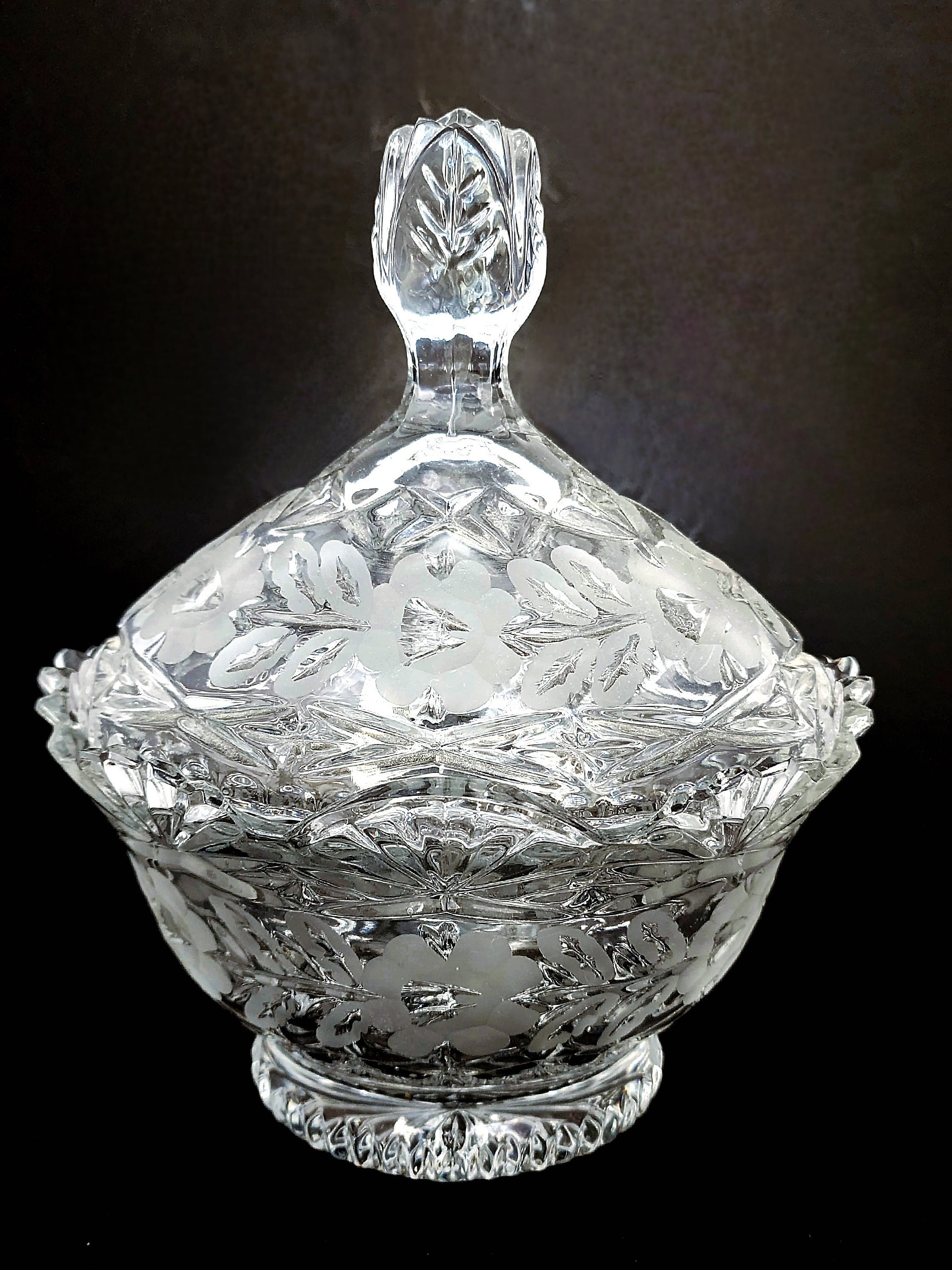 Crystal Lidded Candy Dish Footed With Etched Flowers and Fan Etsy