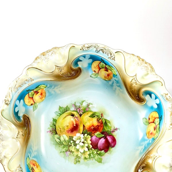 Antique 1900s Serving Bowl Porcelain, Floral & Fruit, Molded Rims, Germany CottageCore