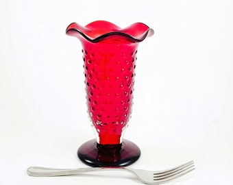 Red Glass Trumpet Vase Hobnail Cased Clear Ruffled Vintage 70s 80s