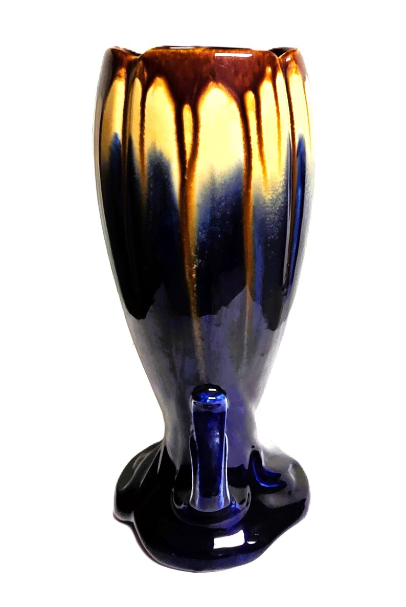 Belgian Art Deco Vase: Blue Brown Drip Glaze Ceramic Pedestal (Model 1943) imagem 5