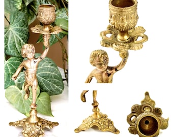 Brass Cherub Candlestick Holder, Ornate, Made In India Vintage 60s