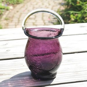 Amethyst Crackle Glass Miniature Basket Vase with Clear Handle, Vintage 1960s