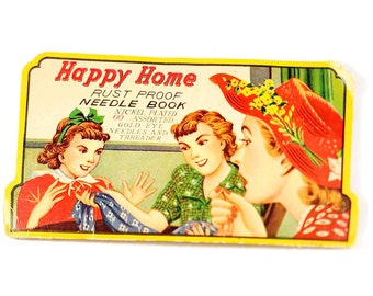 Happy Home Needle Book Japan Nickle Plated Gold Eye Needles With Threader Mid Century 50s