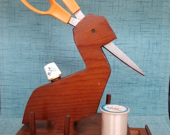 Vintage Folk Art Bird Scissor and Spool Caddy, Wooden Bird Sewing Caddy, Rustic Decor Sewing Box