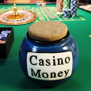 Tumbleweed Pottery Casino Money Piggy Bank Jar with Cork Lid Blue Glaze Stoneware