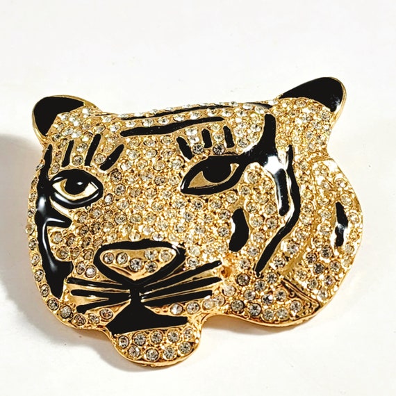 80s Rhinestone Tiger Panther Face Head Brooch Vint