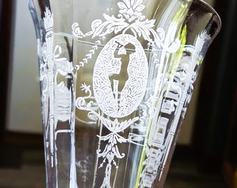 Vintage Art Deco Morgantown Glass Sunrise Medallion Water Goblet, Etched Dancing Girl Stemware