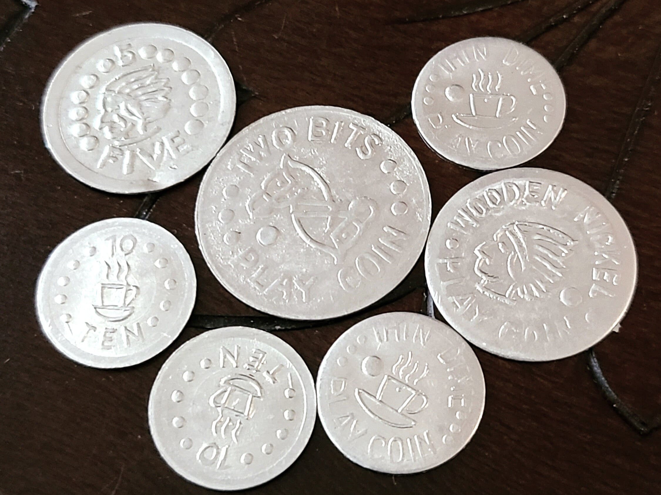 Monedas de dinero de juguete de aluminio, juego de 7, vintage de los años  50 -  México