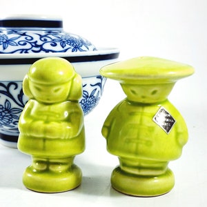 Gibson California Chinese Boy Girl Salt Pepper Shakers, Chartreuse Green Glaze Vintage MCM 60s