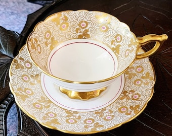 Royal Stafford Footed Tea Cup Bone China  Gold White With Flowers Pink Dots 8444 T 1960's