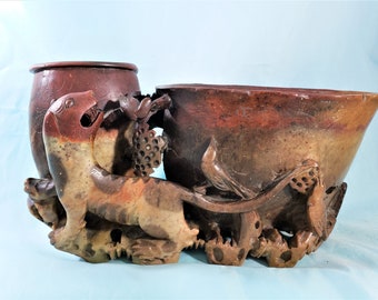 Soapstone Carved Foo Dog & Birds:  Double Vase - Etched Village Vintage