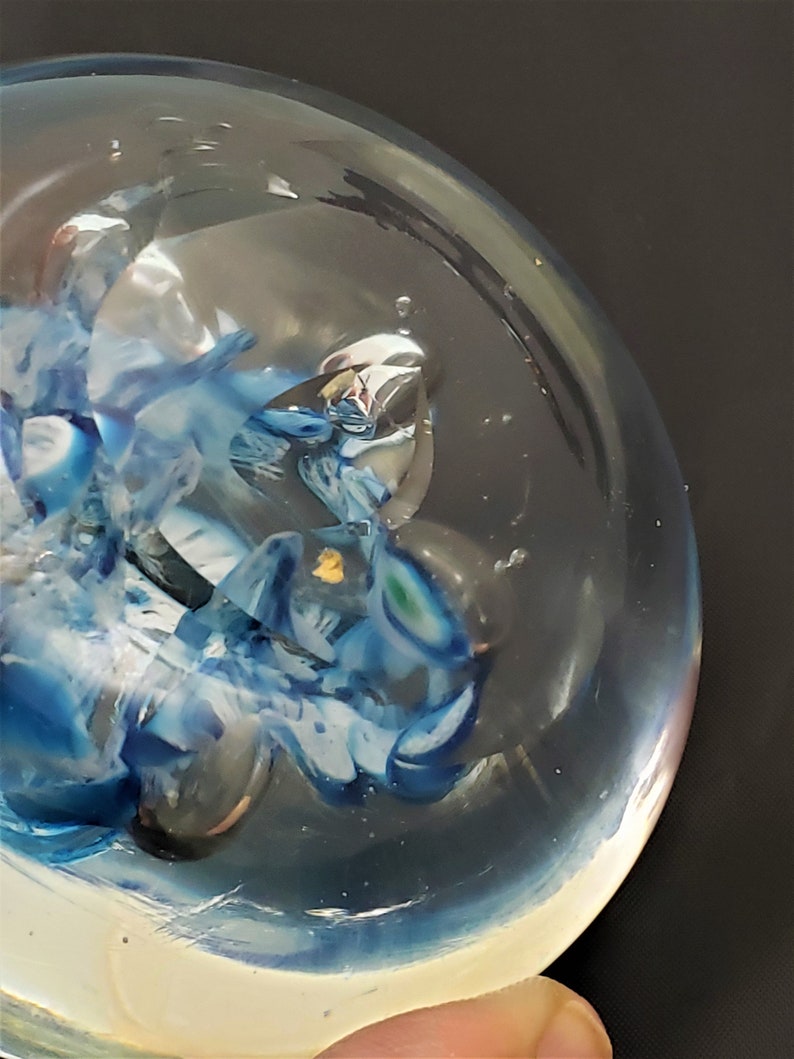 Glass Paperweight With Blue White Ribbon Controlled Bubbles Etsy
