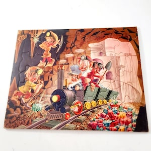 50s Bill Layne Disney Artist Puzzle Tray Board With Elves Mining Gems 35 Piece Mid Century