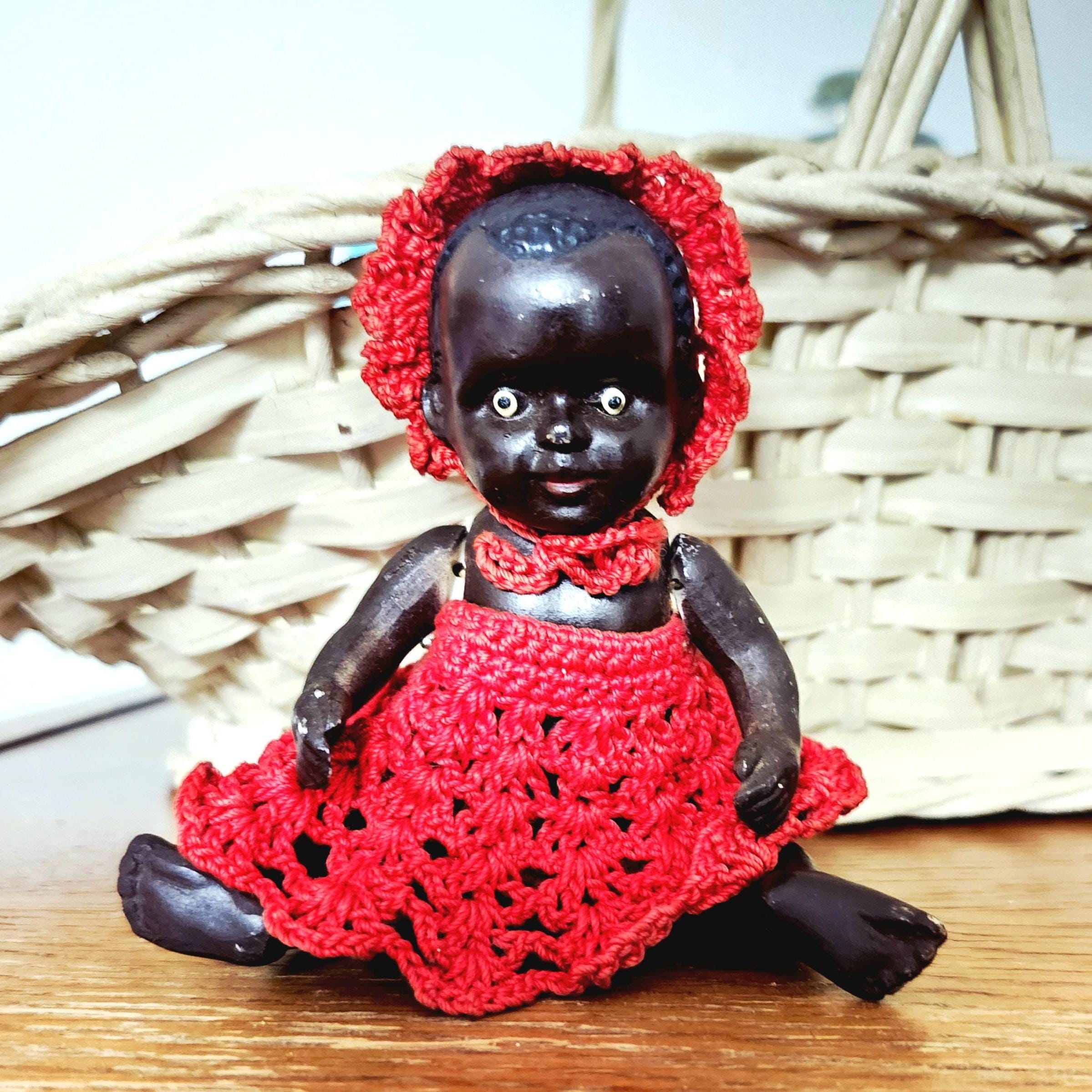 Antique Bisque Black Americana Doll: 1930s Japan, Red Crochet
