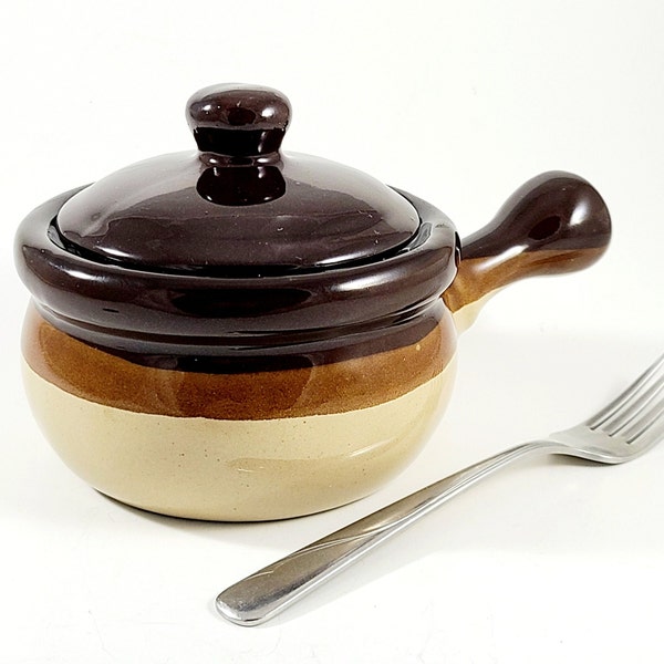 Vintage Brown Soup Bowl With Lid And Handle - Stoneware French Onion Soup Or Chili Crock 70s, Farmhouse Kitchen Tableware