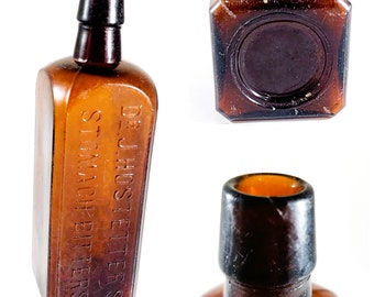 Antique Dr J Hostetter’s Stomach Bitters Bottle Amber Brown Glass With Vertical Side Seams 1860s to 1890s