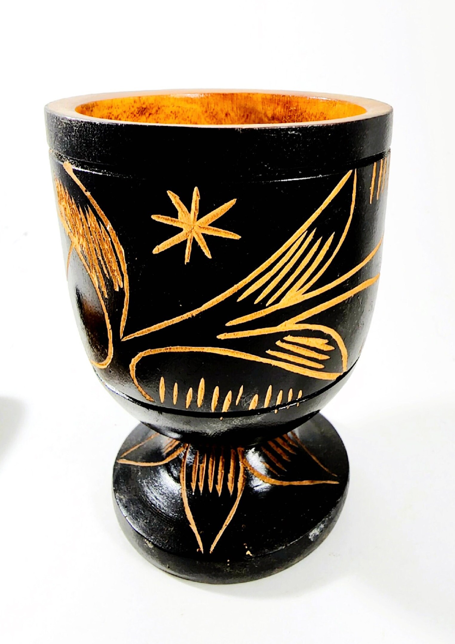 Wood Mortar & Pestle Black Floral Etched Footed 80s - Etsy