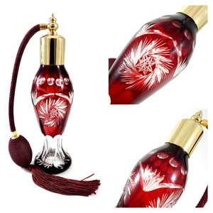 Perfume Bottle Atomizer - Red To Clear, Pinwheel Fans, Tall Bohemian 70s 80s