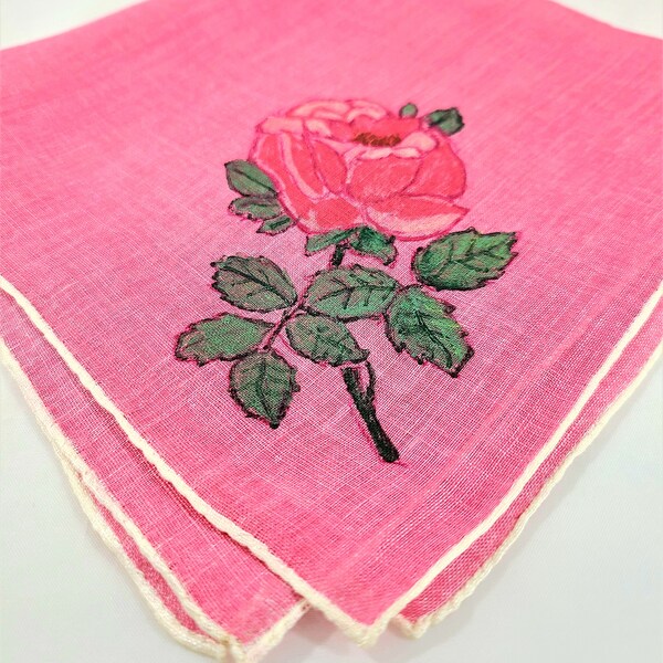 Lady Heritage Pink Handkerchief Irish Linen Hand Painted Rose Rolled Hems Vintage 60's, Never Used With Original Tag