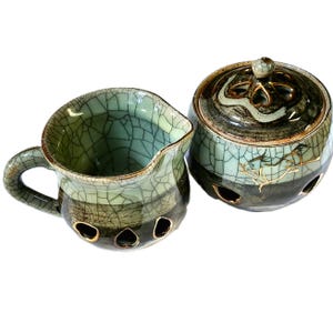 Vintage Somayaki Creamer Sugar Bowl Set, Green Crackle Glaze Running Horse Otagiri