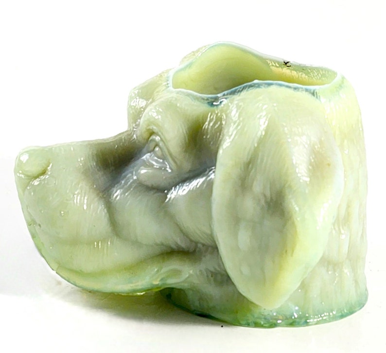 Green Slag St Bernard Dog's Head Toothpick Holder, Greentown Replica, Newfoundland, St Clair Toothpick Holder 60s 70s image 3