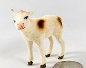 Miniature Flocked Cow Calf Figurine Putz Paper Mache East Germany 50s 60s