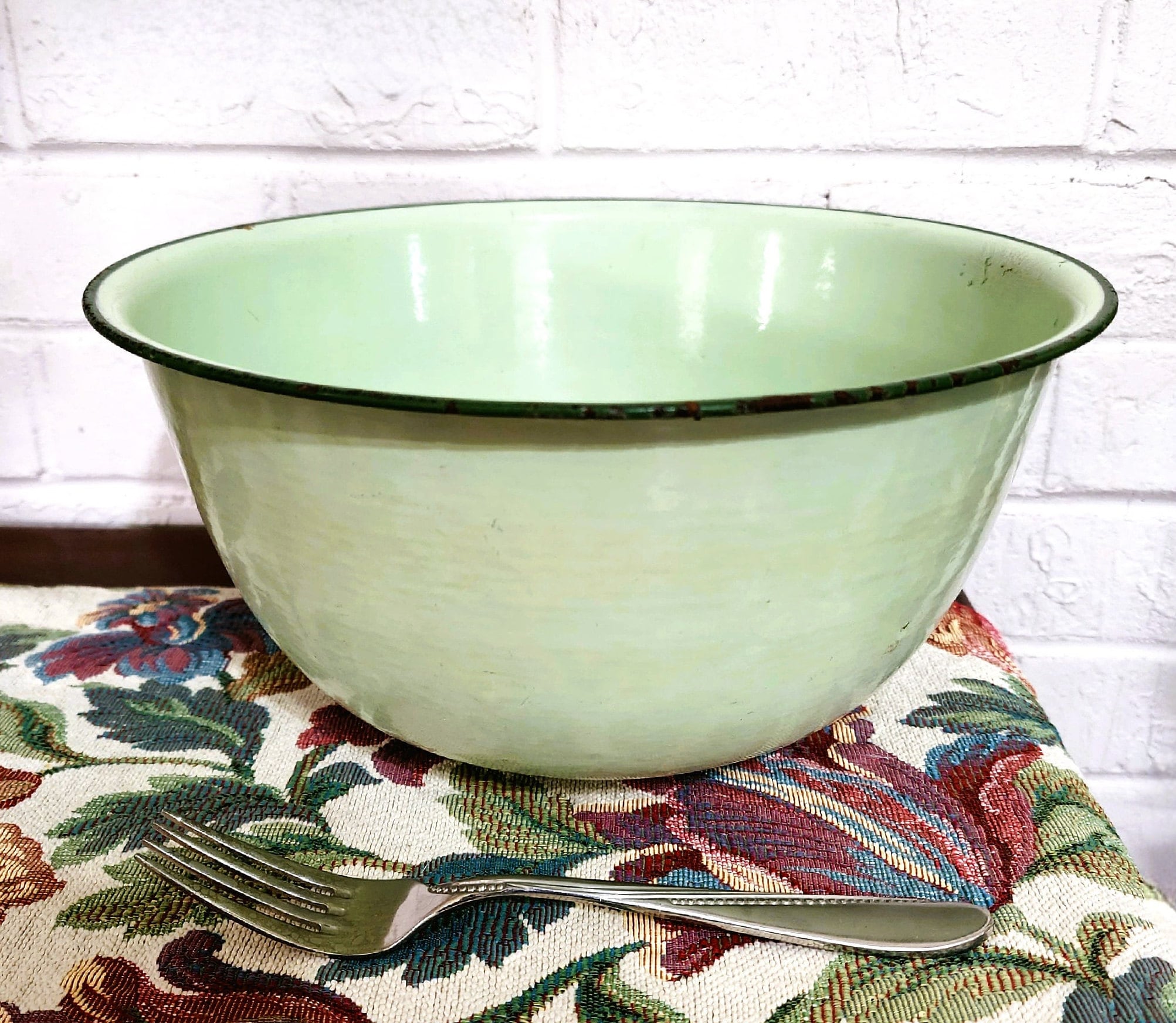 Enamelware Wash Basin Bowl Green Enamel Dark Green Trim Etsy