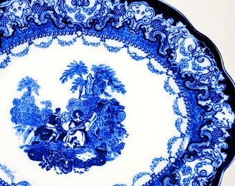 Antique New Wharf Watteau Platter, Flow Blue Scalloped With Blue Trim, England Antique 1890