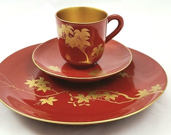 Red Laquer Small 1 Oz Tea Cup And Dessert Plate, With Gold Painted Japanese Maple Tree Branch Japan Mid Century 60s