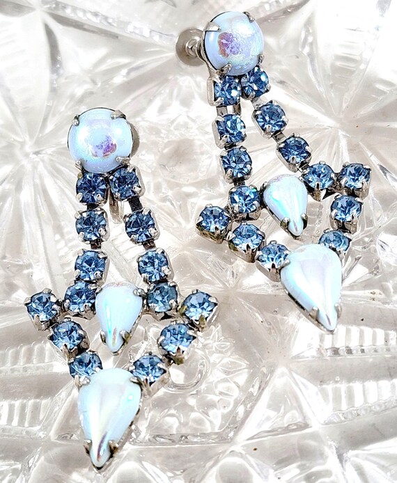 Light Blue Rhinestone Dangle Earrings With Shimme… - image 2