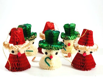 6 Honeycomb Paper Ornaments, Snowman & Santa, Vintage 40s 50s, Japan