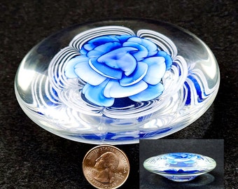 Vintage Floral Blown Glass Paperweight Round and Blue Flower White Swirls, Disc Shaped