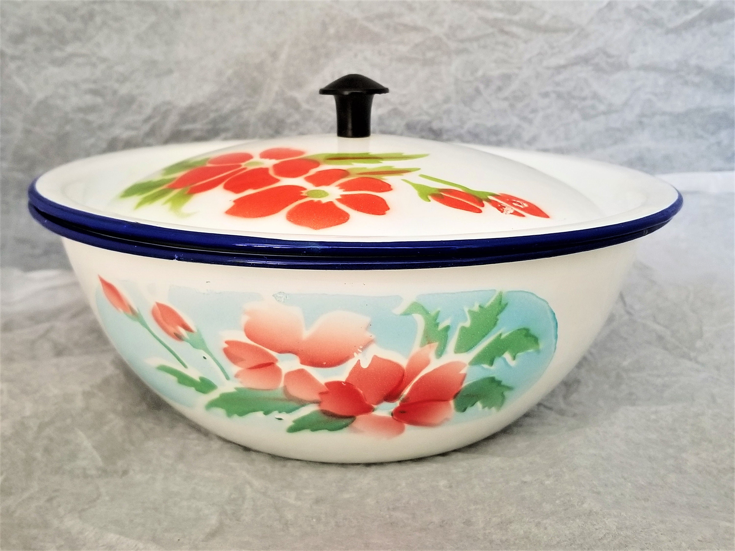 50s Floral Enamelware Bowl with Lid made in China Enamelware Etsy