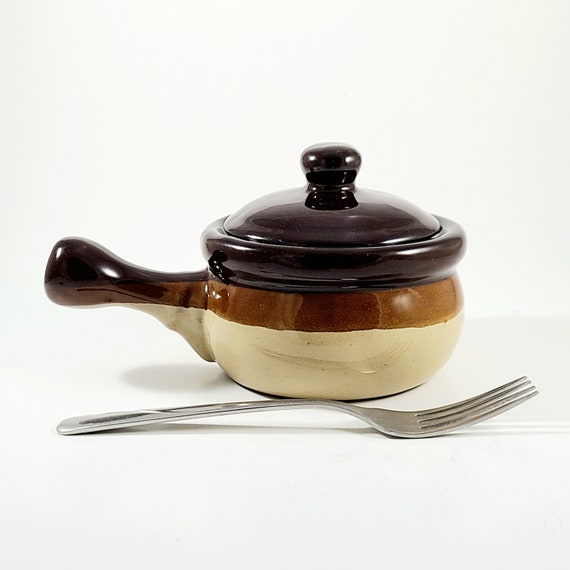 Vintage Brown Soup Bowl With Lid and Handle Stoneware French Onion