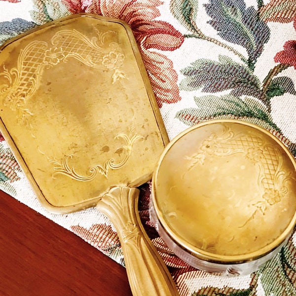 Art Nouveau Beveled Hand Mirror and Matching Powder Box Gold Tone Antique 20s to 30s