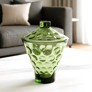 Vintage Hazel-Atlas Eldorado Green Glass Candy Dish with Lid, Avocado Thumbprint Dot Pattern, 1970s
