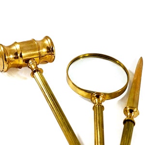 Brass Magnifying Glass, Gavel, & Letter Openner Set Vintage