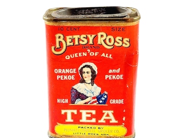 Betsy Ross Tea Tin Orange Pekoe 10 Cent Size Packed By Plunkett Jarrell Grocer Co Vintage 30s