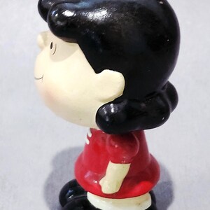 May include: A ceramic figurine of a cartoon character, featuring a black bob hairstyle and a red dress. The figurine has a white face with rosy cheeks and black shoes. The figure is a collectible item.