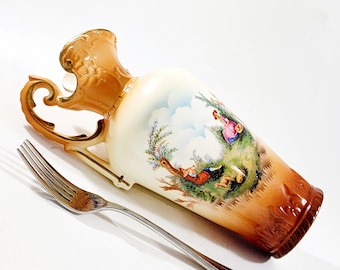 Czechoslovakia Pottery Ewer Vase With Courting Couple & Sheep Scene, Antique 20s to 30s.