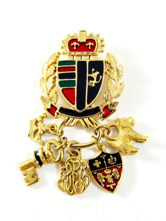 80s Coat of Arms Brooch With Dangling Charms Enamel Gold Tone Etsy