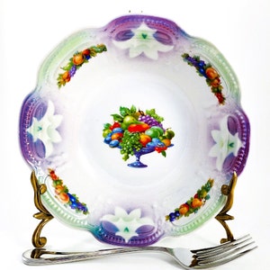 Small German Purple Green Luster Bowl With Fruit Design Vintage 30s 40s