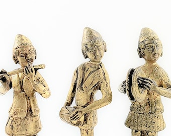 Tibetan Musician Band Figurines Gold Tone Cast Metal Set of 3 Made In Nepal Vintage 70s 80s Museum Overstock