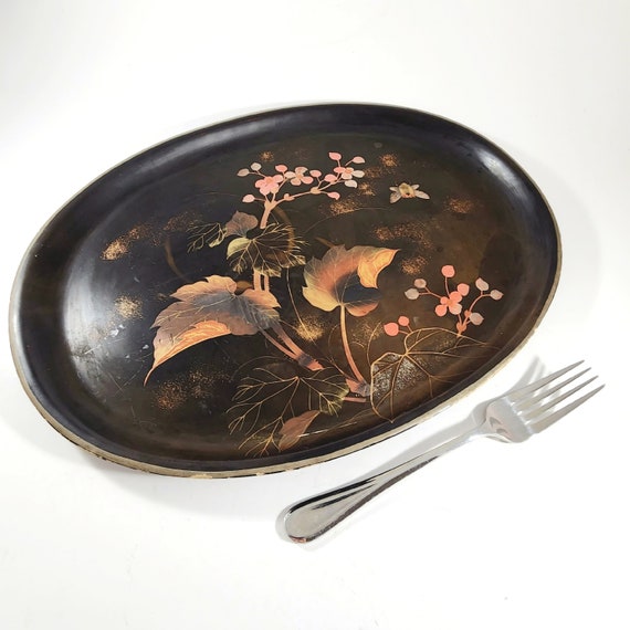Black Laquer Chinoiserie Oval Tray With Cherry Blossums