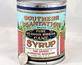 Syrup Tin Label On Newer Empty Can of Southern Plantation Pure Georgia Ribbon Cane Sourvenir from Cairo GA Vintage 30s